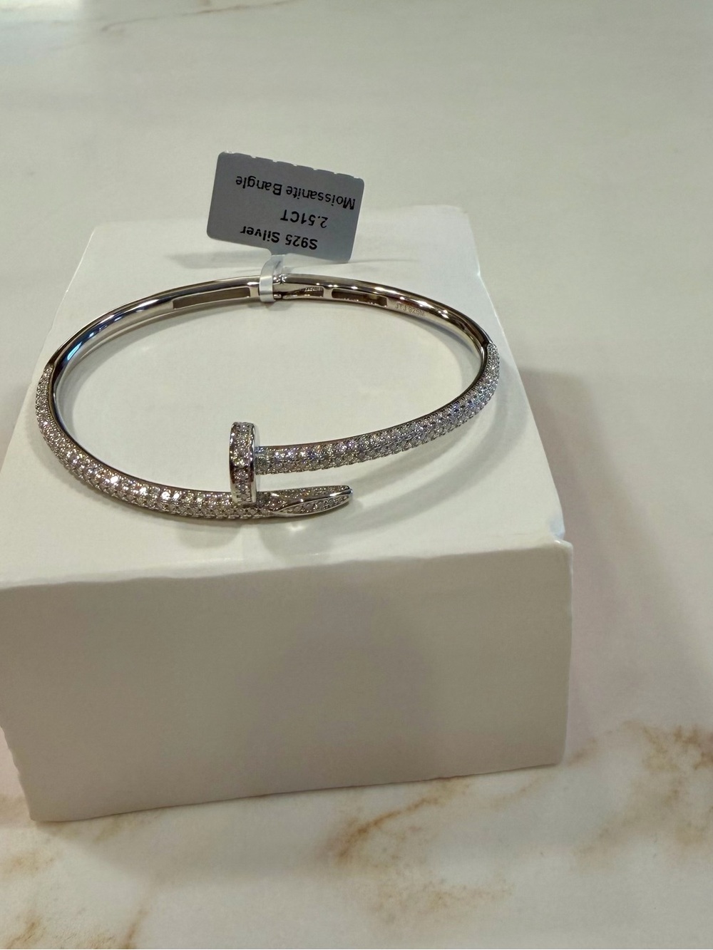 Silver Pave Nail-Style Cuff Bracelet - Silver Moissanite bracelet, size 6.5-7.5